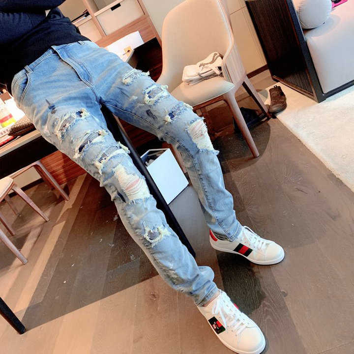 

Designer Clothing Luxury Casual Fashion Denim Pants Amiiri High Street Fashion Brand Broken Hole Patch Embedding Diamond Elastic Fashion Slim Fit Men's Jeans Long, Black gold