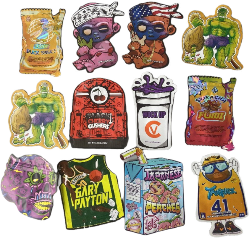 

Custom printed shape reusable Mylar bags plastic heat seal resealable baggies 3.5g 14g 28g candy die cut foil smell proof holographic for food storage