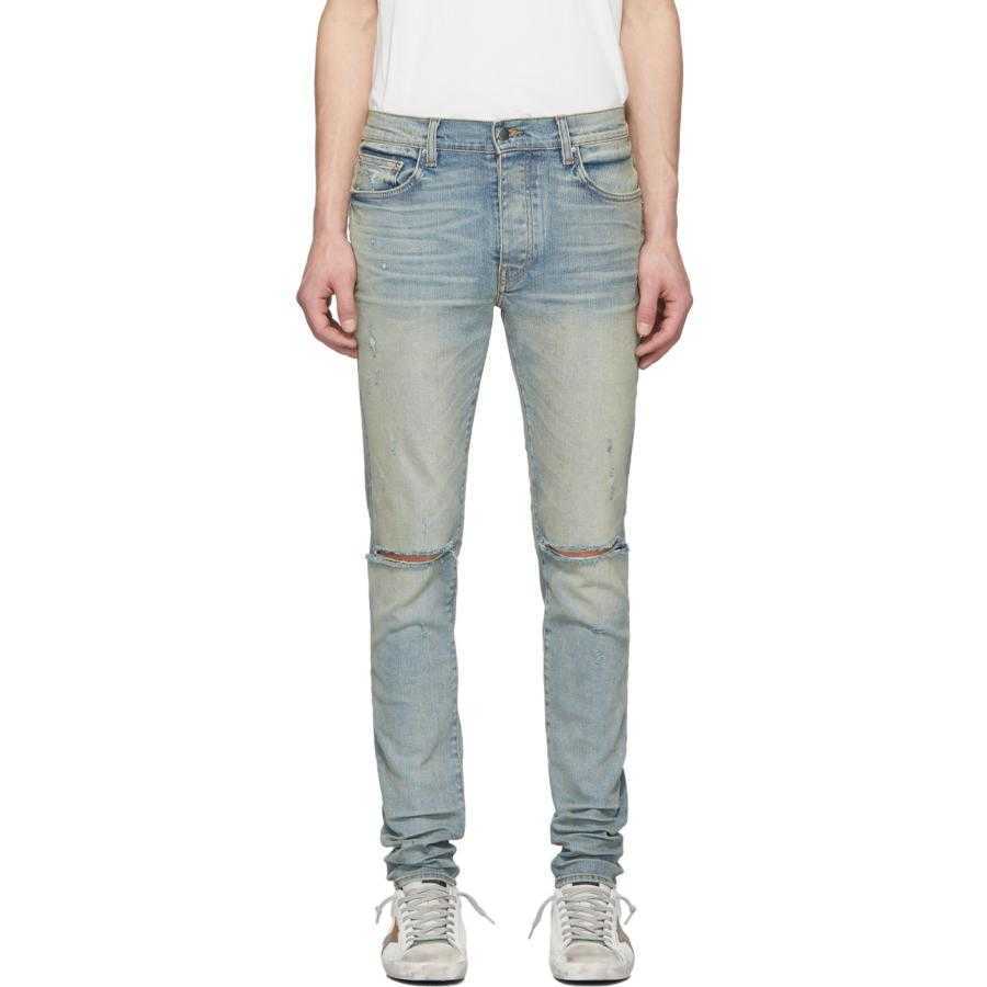 

Designer Clothing Denim Pants Amiiri Jeans 23ss Blue Worn Knife Cut Hole Worn Slim Fit Jeans Distressed Ripped Skinny Motocycle Biker Straight Rock Pants, Yellow mud makes old double holes