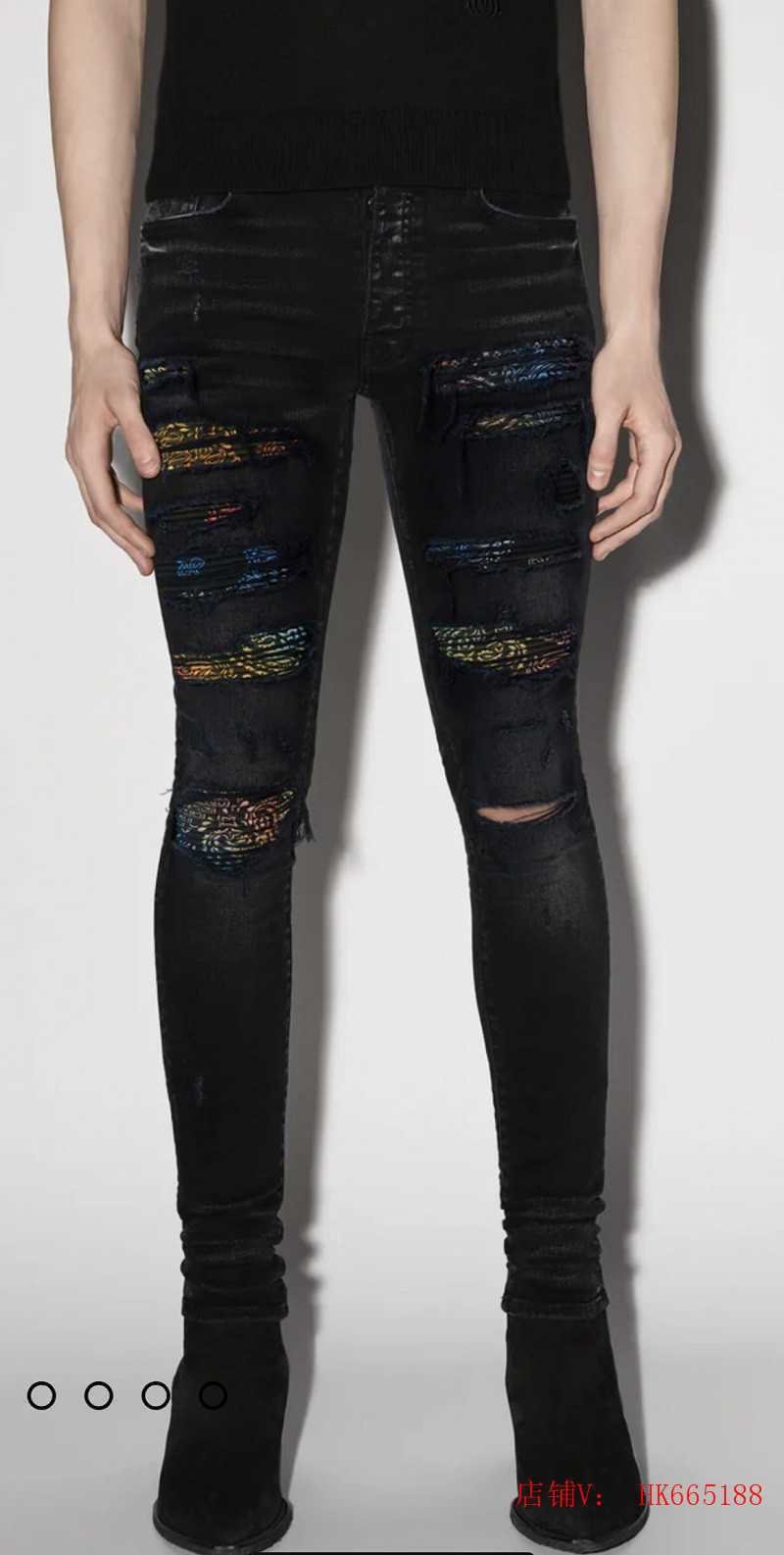 

Designer Clothing Luxury Casual Fashion Denim Pants Amiiri Trendy Rainbow Print Perforated Patch Worn Elastic Fit Black Mens Jeans Distressed Ripped Skinny Motocy, Light blue