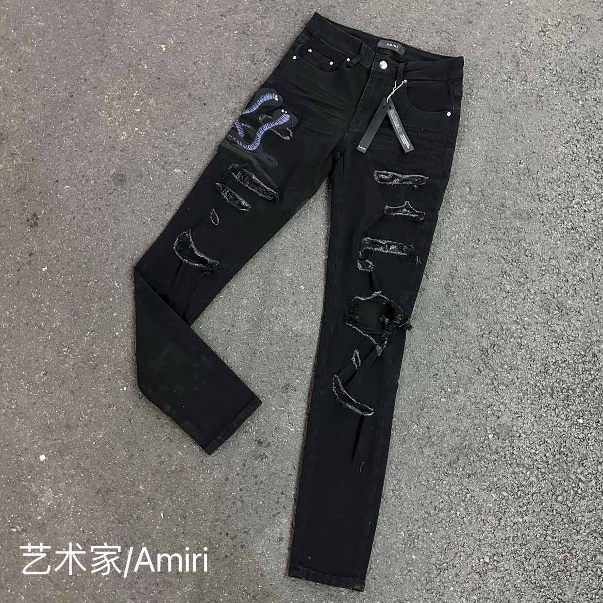 

Designer Clothing Luxury Casual Fashion Denim Pants Artist Amiiri Black Snake Washed Damaged Splash Ink Embroidery Sticker Snake Skin High Street High Elastic Snak