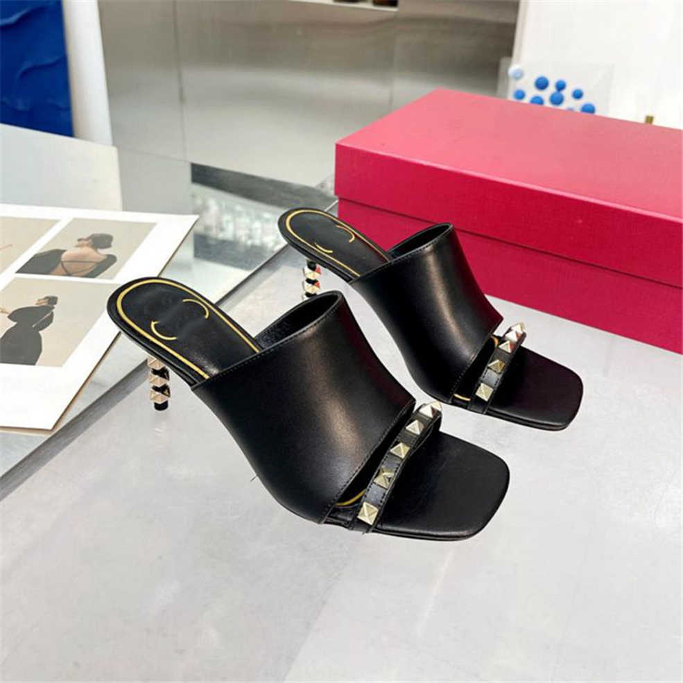 

Summer Popular Women Sandals Valentinoity Luxury Brand Business Dress Wedding Party Leather High Heels Casual Flat Slippers 04-03