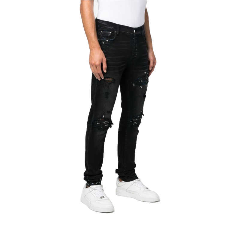 

Designer Clothing Luxury Casual Fashion Denim Pants High Street Amiiri Mx1 Speckled Ink Double Knee Collar Leather Tear Hole Made Old Stretch Slim Fit Mens Jeans Fash, Black