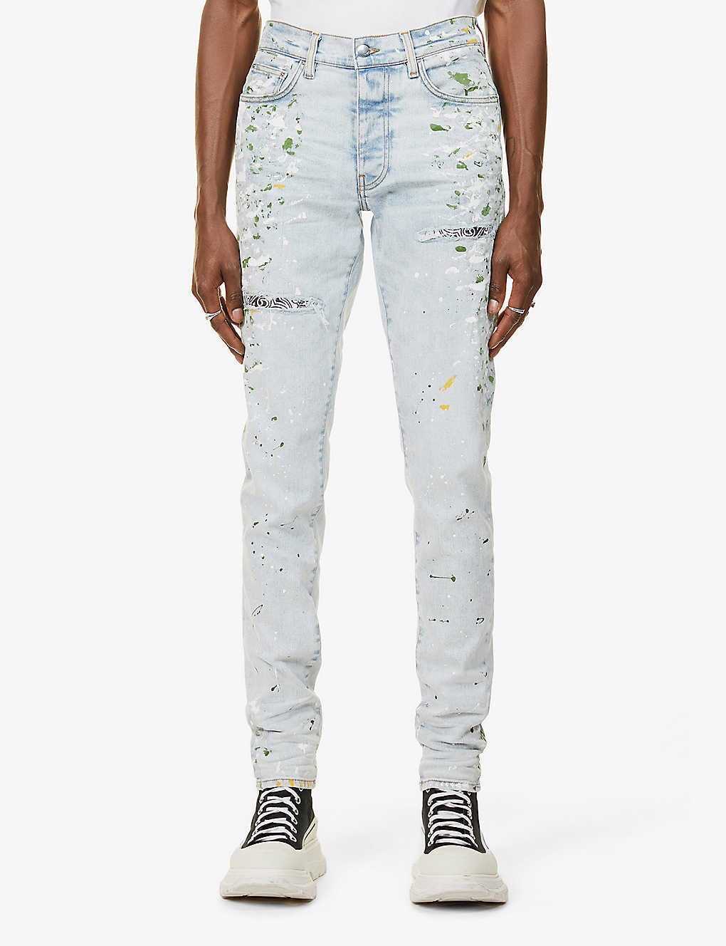 

Designer Clothing Luxury Casual Fashion Denim Pants Amiiri New Handpainted Speckled Ink with Broken Cashew Flower Patchwork Patch Fabric for Worn Fit Fashion Mens J, Light blue