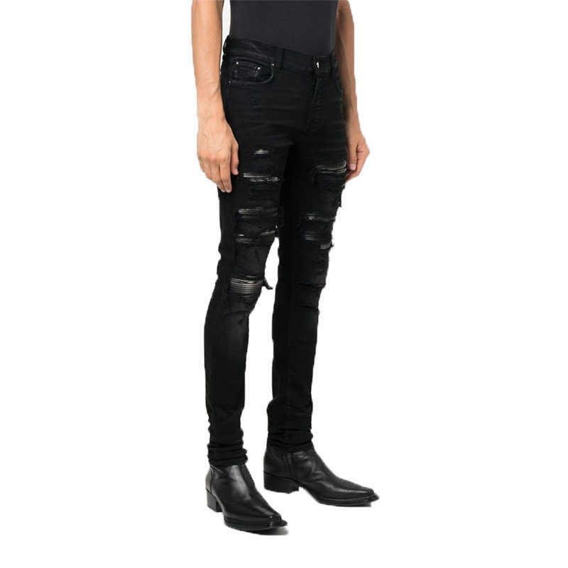 

Designer Clothing Luxury Casual Fashion Denim Pants Amiiri High Street Collage Old Made Washable More Broken Holes Printed Elastic Slim Fit Men's Jeans Fashion, Black