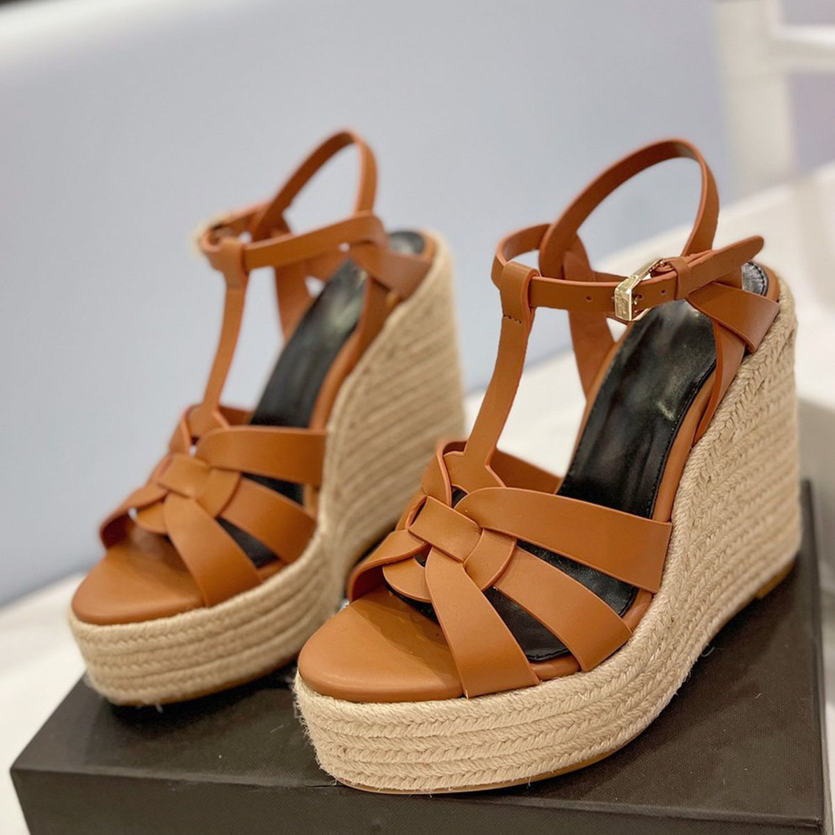 

Tribute Woven Espadrille Sandals wedge Patform pumps heels Square toe Heeled women's luxury designers leather outsole evening Casual shoes factory footwear, Brown