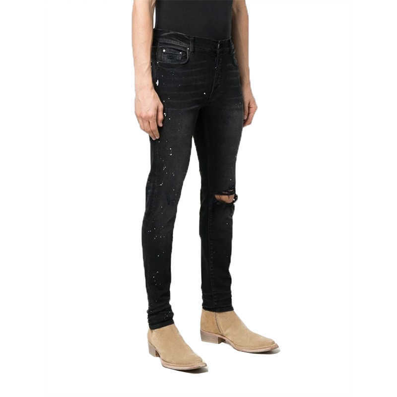 

Designer Clothing Luxury Casual Fashion Denim Pants Amiiri High Street Black Distressed Speckled Ink Stretch Perforated Slim Fit Men's Jeans Fashion