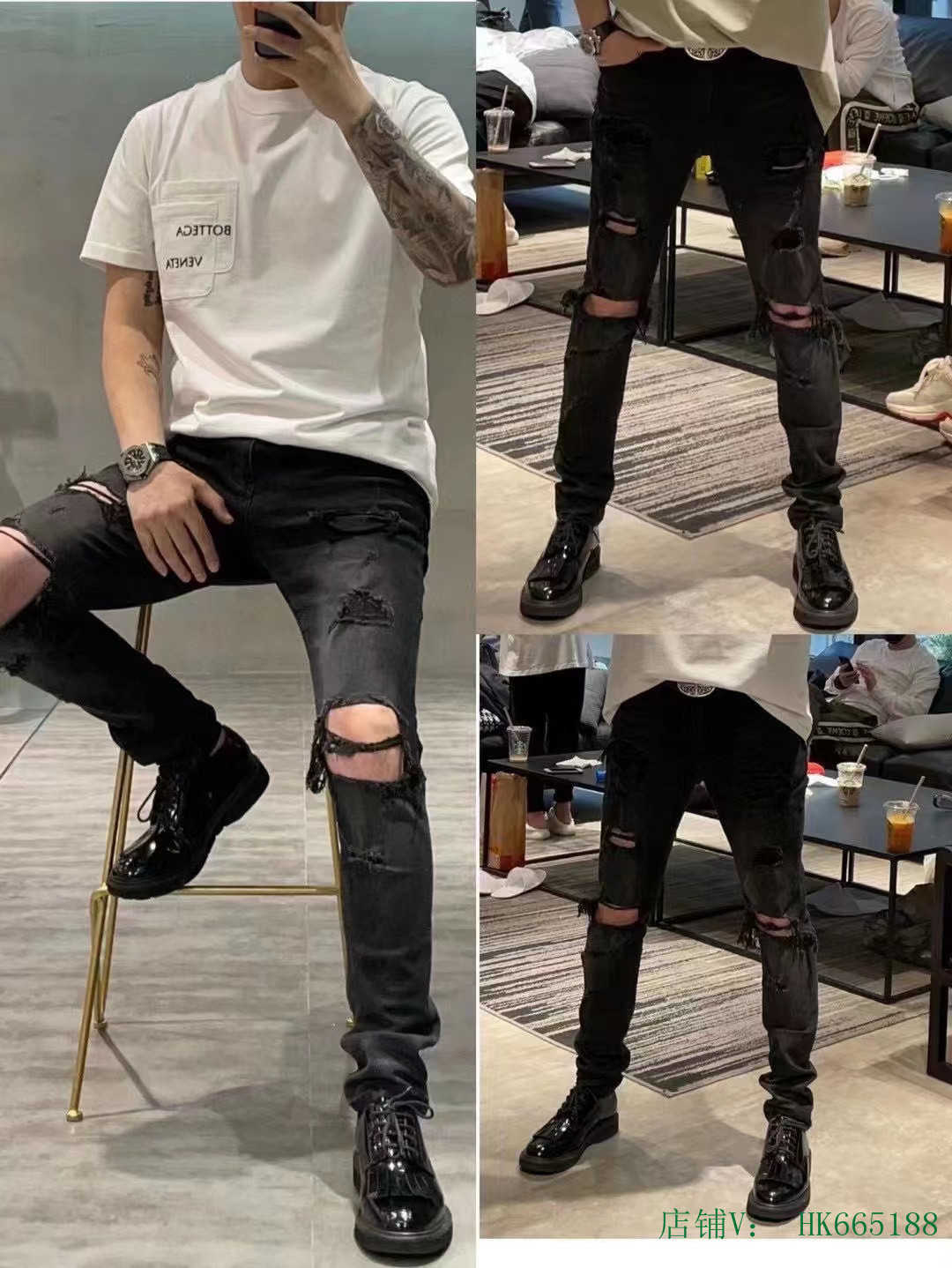

Designer Clothing Luxury Casual Fashion Denim Pants Trendy Amiiri Wash Knee Tears Damaged Casual Slim Fit Elastic Feet Mens Jeans Distressed Ripped Skinny Motocycl, Black