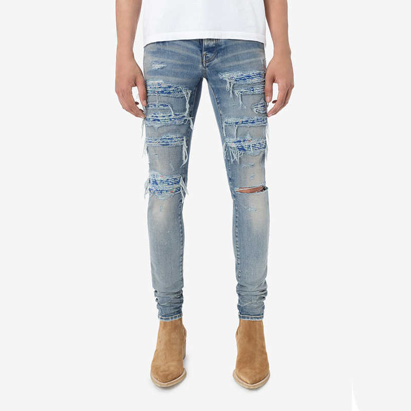 

Designer Clothing Luxury Casual Fashion Denim Pants Amiiri Blue Cashew Blossom Damaged Washed Slim Fit Slim Feet Slp Men's Jeans Fashionable