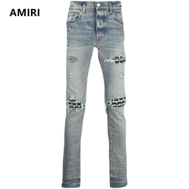 

Designer Clothing Denim Pants Amiiri Fashion Brand High Street Mx1 Light Blue Distressed Patchwork Leather Distressed Jeans Men's Slim Fit Trendy Long Pants