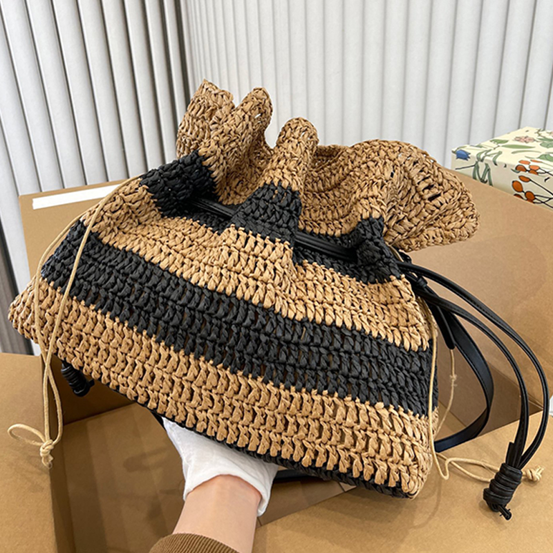 

Top Designer Raffia Woven Bag Tote Beach Bag Ladies Shoulder Bag Shopping Bag Vegetable Basket Handbag Large Capacity Bag Bucket Bag 2023 High Quality Bag, Black