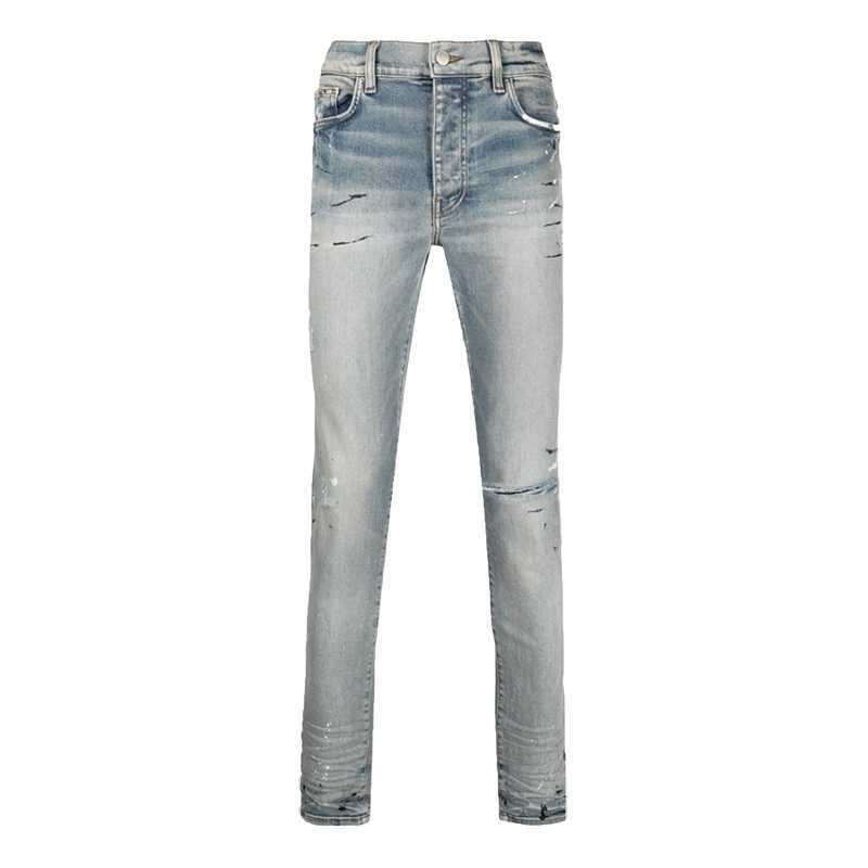 

Designer Clothing Denim Pants Amiiri's New Worn One Knee Ripped Jeans Men's Slim Fit Elastic Little Feet Tide Brand Ins Long Pants Distressed Ripped Pants, Light blue