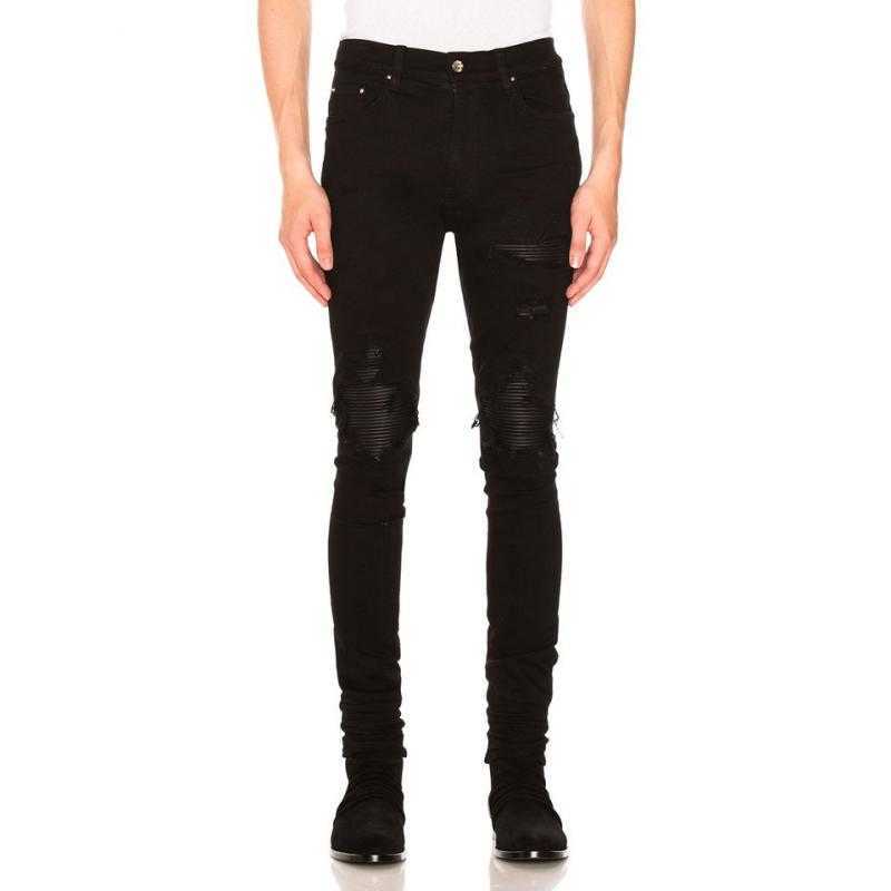 

Designer Clothing Denim Pants Amiiri Jeans 23ss Black Patchwork Leather with Torn Holes Worn-out Ground Leather Slim Fitting Jeans Distressed Ripped Skinny