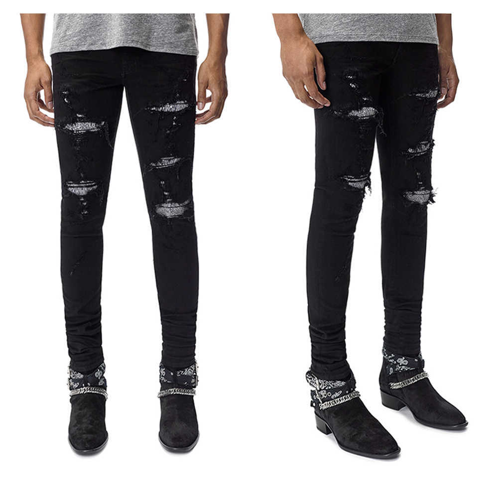 

Designer Clothing Luxury Casual Fashion Denim Pants High Street Amiiri Tide Brand Mx1 Washed Snow Damaged Zebra Print Patchwork Elastic Denim Pants Men, Black