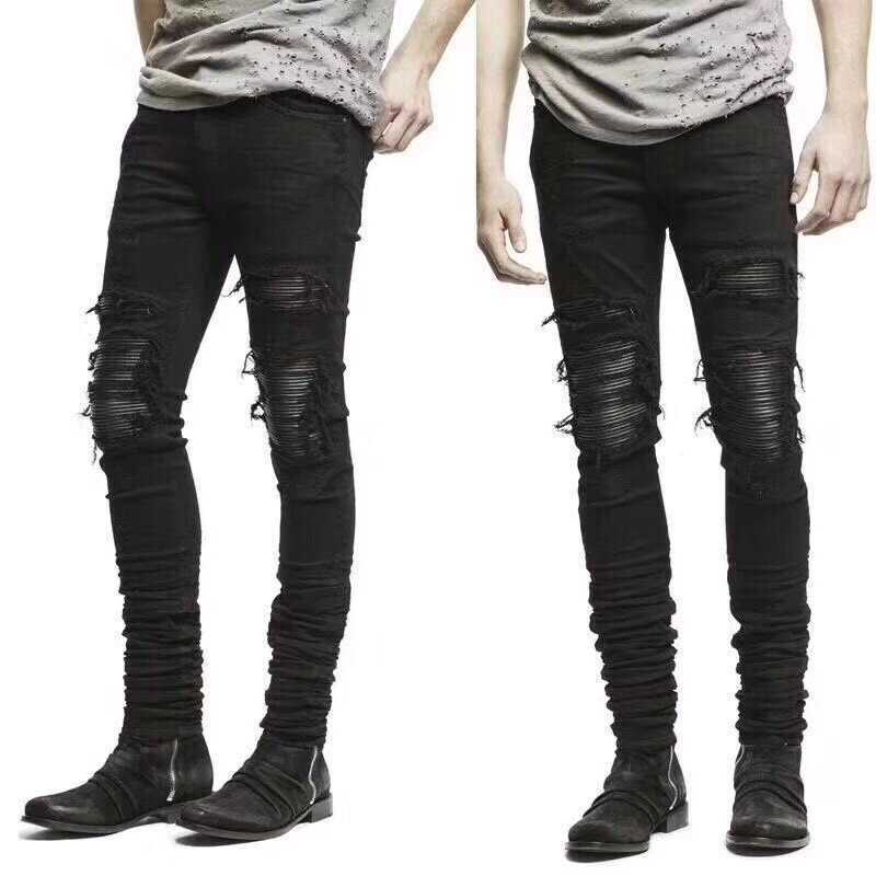 

Designer Clothing Denim Pants High Edition Amiiri Classic Black High Street Washed Knee Split Leather Tassel Slim Fit Jeans Men Distressed Ripped Skinny Pants