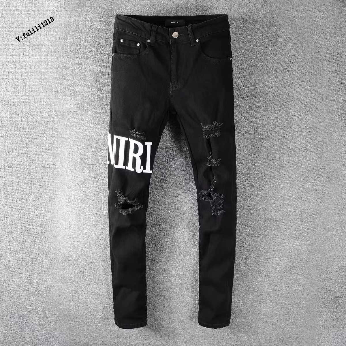 

Designer Clothing Luxury Casual Fashion Denim Pants Amiiri New Letter Embroidery Hole Patch Elastic Slim Fit Small Foot Black Washed Jeans Distressed Ripped Skinny