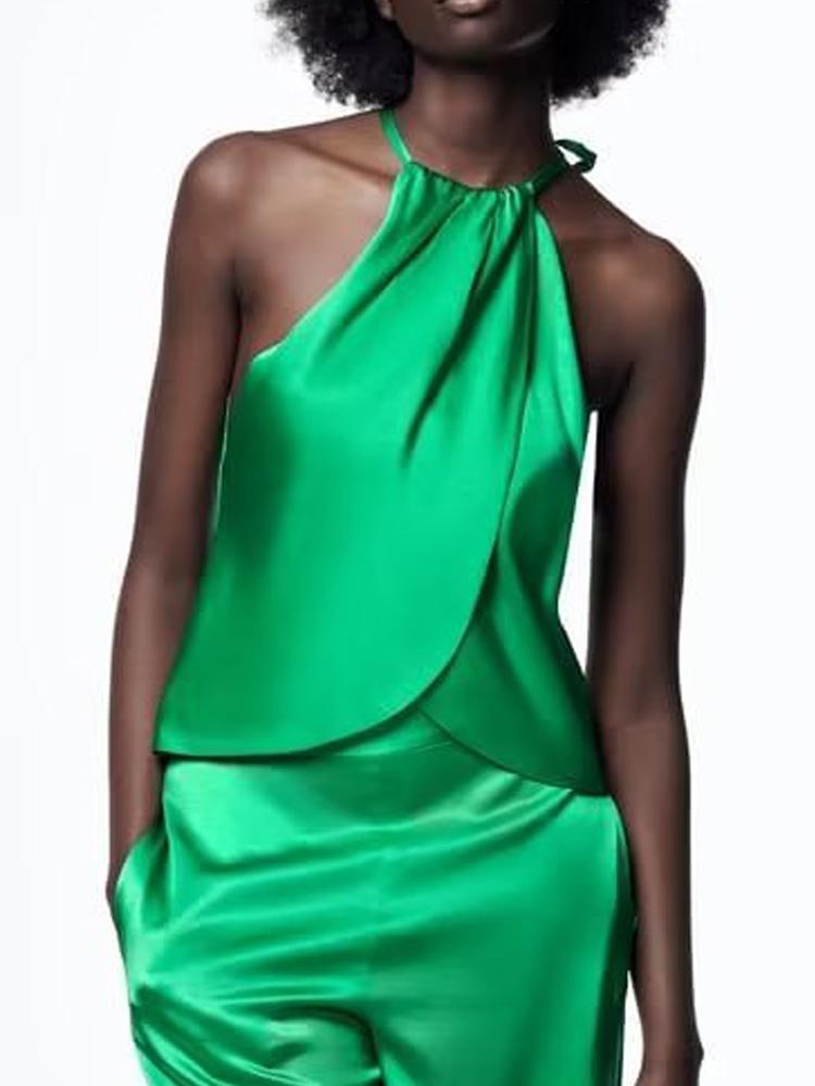 

Women's Blouses & Shirts Kumsvag 2023 Summer Women Satin Tops Fashion Halter Sleeveless Solid Female Street Off Shoulder Top ClothingWomen's