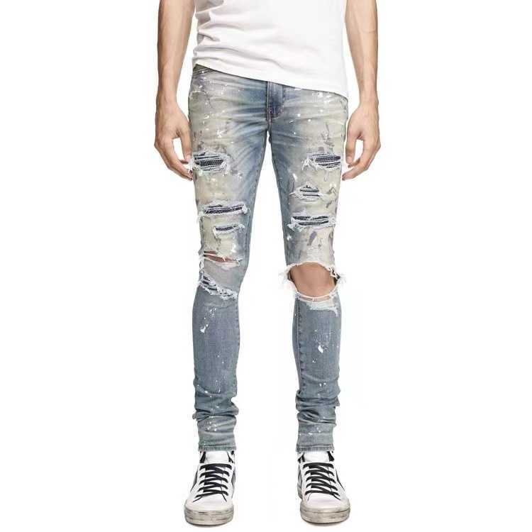 

Designer Clothing Luxury Casual Fashion Denim Pants Brand Amiiri High Elastic Big Hole Blue Diamond Classic Slim Fitting Small Leg Jeans Men Distressed Ripped Skinn
