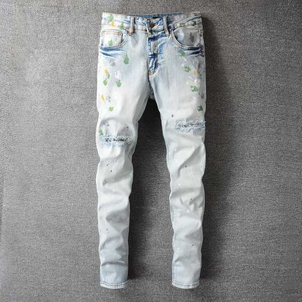 

Designer Clothing Denim Pants High Street Style Amiiri Light Color Knife Cut Hole Jeans Men's Paint Graffiti Personality Elastic Slim Feet Distressed Ripped Skinny, Light blue