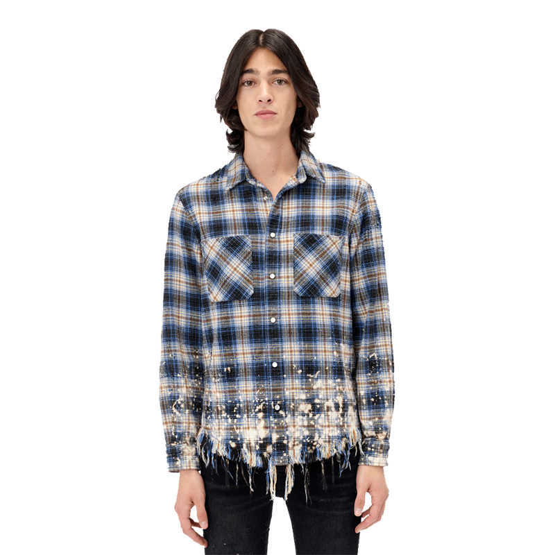 

Designer Clothing Men's Casual Shirts Amiiri Shen Mengchen Same Style 23ss Old Plaid Long Sleeve Shirt with Raw Edge Luxury Streetwear fashion Tops for sale, Shipping fee