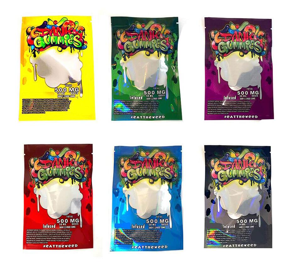 

6 color 500MG Dank Gummies Mylar Packing Bag Edibles Retail Zip Lock Packaging Bag Worms Bears Cubes Gummy