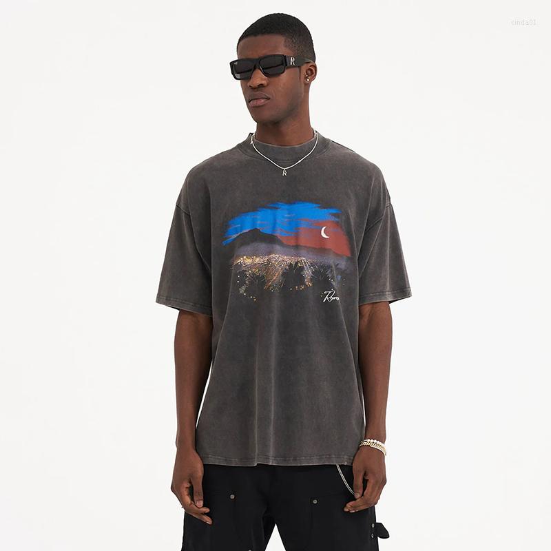 

Men' T Shirts Designer Shirt Mountain Night View Print Vintage Quality High Street Pure Cotton Men Women Loose Short-sleeve T-shirt, Washed black