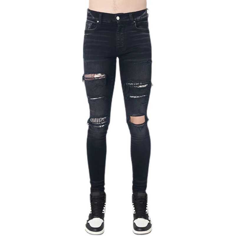 

Designer Clothing Luxury Casual Fashion Denim Pants Amiiri Black Distressed Patchwork Printed Cashew Flower Spring summer High Street Slim Fitting Elastic Mens Je