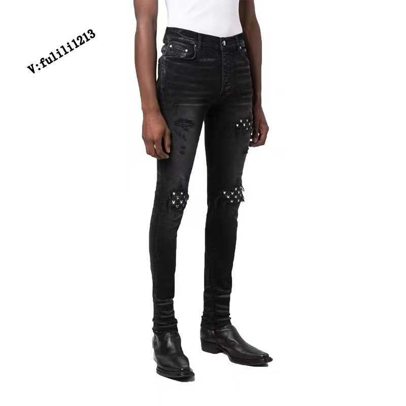 

Designer Clothing Luxury Casual Fashion Denim Pants Amiiri Fw Trendy Brand BlackGray Distressed Waist FlowerFruit Split Skin ElasticVersatile Small Leg Jeans for, Black