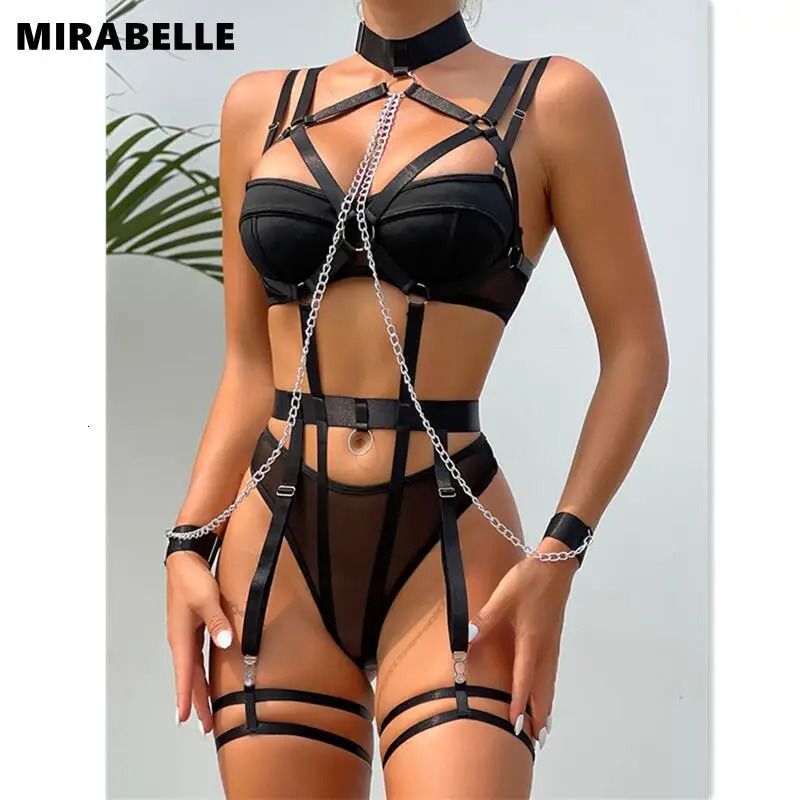 Bras Sets MIRABELLE Bondage Lingerie Halter Sexy Porn Underwear With Chain Ring Linked Erotic Costumes Fetish Sissy Teddy 4Piece Sex Suit 231124-image-923372725