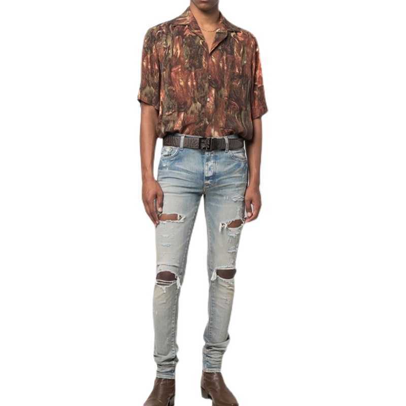 

Designer Clothing Luxury Casual Fashion Denim Pants Amiiri Fashion Brand 22ss Spring Summer Vintage Washed Holes Slim Fitting Small Foot High Street Jeans for Men, Light blue
