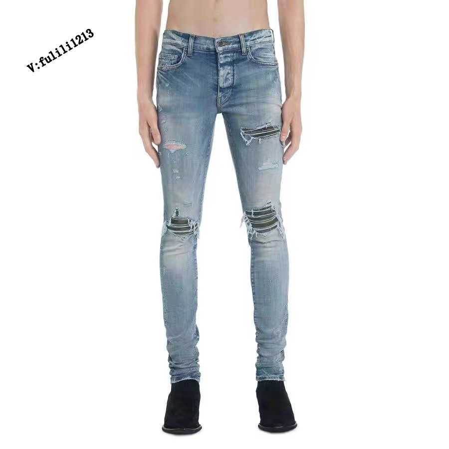 

Designer Clothing Luxury Casual Fashion Denim Pants Amiiri New Fashion Brand Skinny Camouflage Hole Slp High Street Patchwork Versatile Motorcycle Slim Fit Jeans, Blue