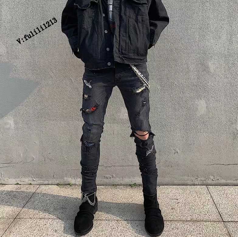 

Designer Clothing Luxury Casual Fashion Denim Pants Amiiri 2022 New Crane Embroidery Splash Ink Hole Damaged High Street Wash Slim Fit Jeans Distressed Ripped Skinn, Black