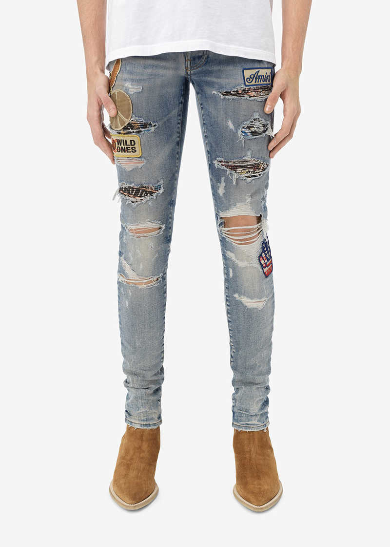 

Designer Clothing Luxury Casual Fashion Denim Pants Amiiri High Street Emblem Sticker Slim Fit Trend Small Feet Broken Hole Beggar Worn Out Slim Fit Men's Jeans Trend, Blue