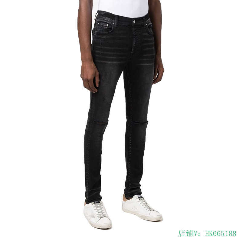 

Designer Clothing Luxury Casual Fashion Denim Pants Amiiri21fw Spliced Leather Mx1 WornWorn Hole Washed Elastic Small Feet Denim Pants for Men's Slim Fit, Black