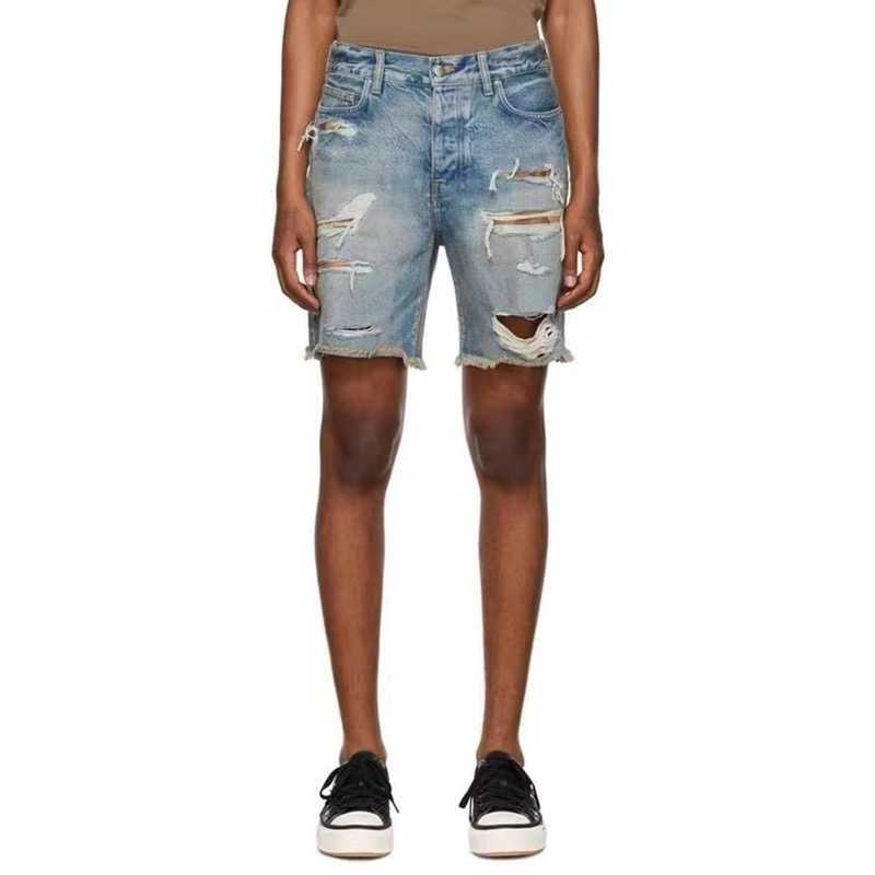 

Designer Clothing Luxury Casual Fashion Denim Pants Amiiri Summer Vintage Knife Cut Hole Camouflage Patchwork Leather Casual Explosive Street Summer Trendy Denim, Light blue
