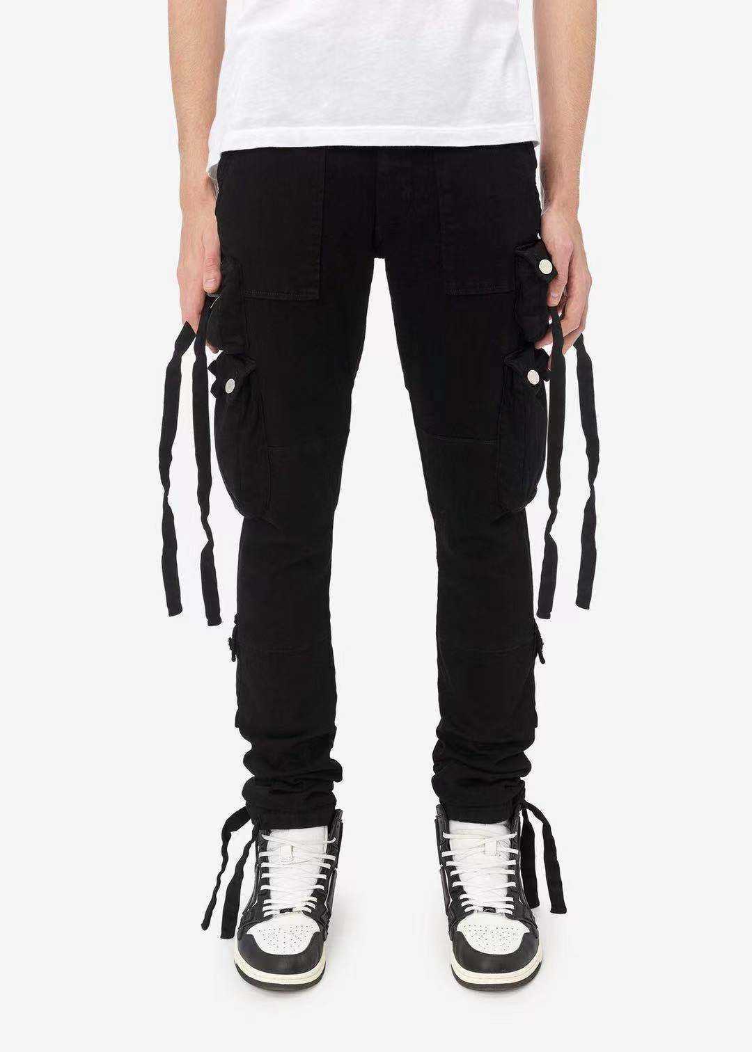 

Designer Clothing Luxury Casual Fashion Denim Pants Amiiri Trendy Strap Multi Pocket Functional Micro Elastic Versatile High Street Fashion Popular Washable Mens, Black