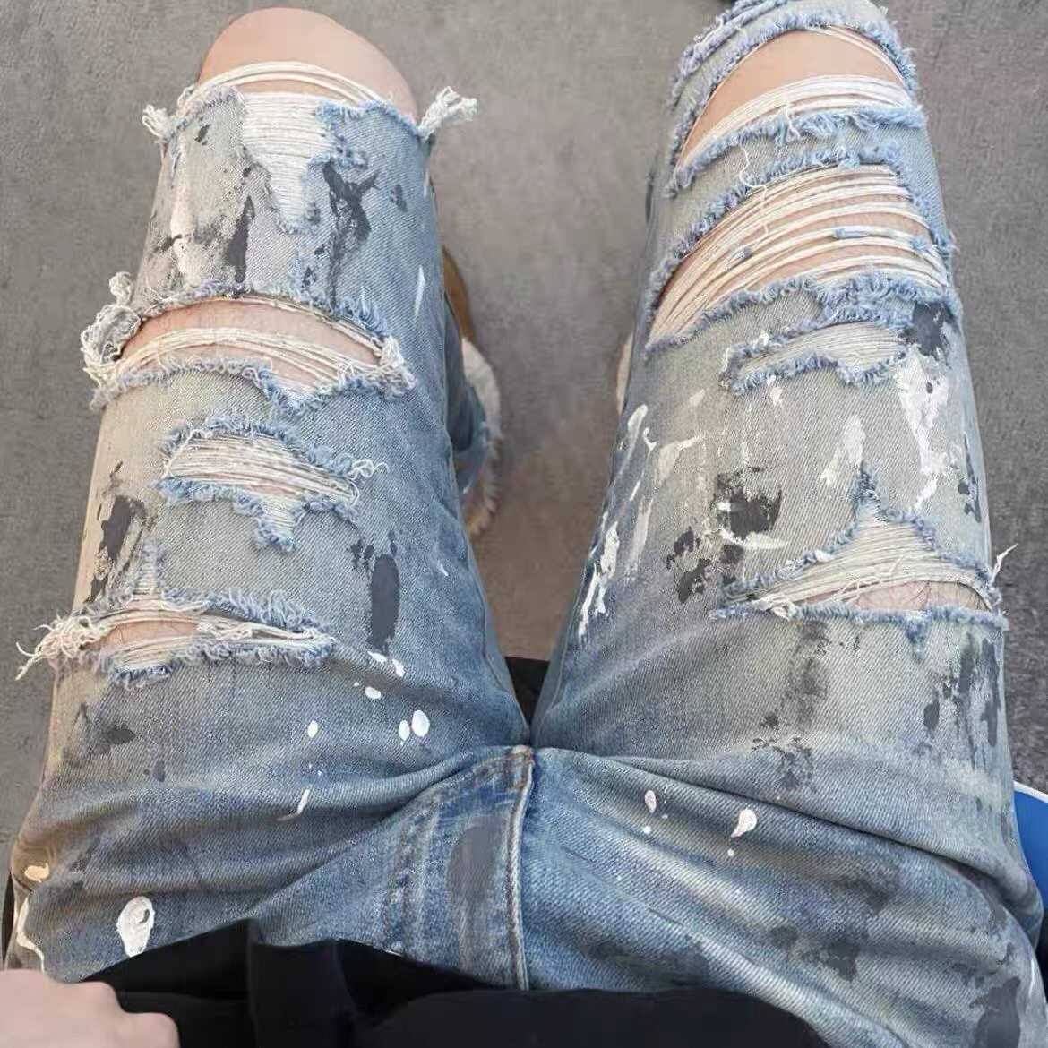 

Designer Clothing Denim Pants Amiiri Splash-ink Jeans Washed Made of Old Holes Trousers High Street Slim Fitting High Elastic Blue Diamond Base Plate