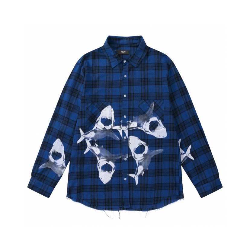 

Designer Clothing Men' Casual Shirts Net Red Tide Brand Amiiri Blue Plaid Shark Print Damaged High Street Shirt Pure Cotton Long Sleeve Men' Women' Casual Shirt, Shipping fee