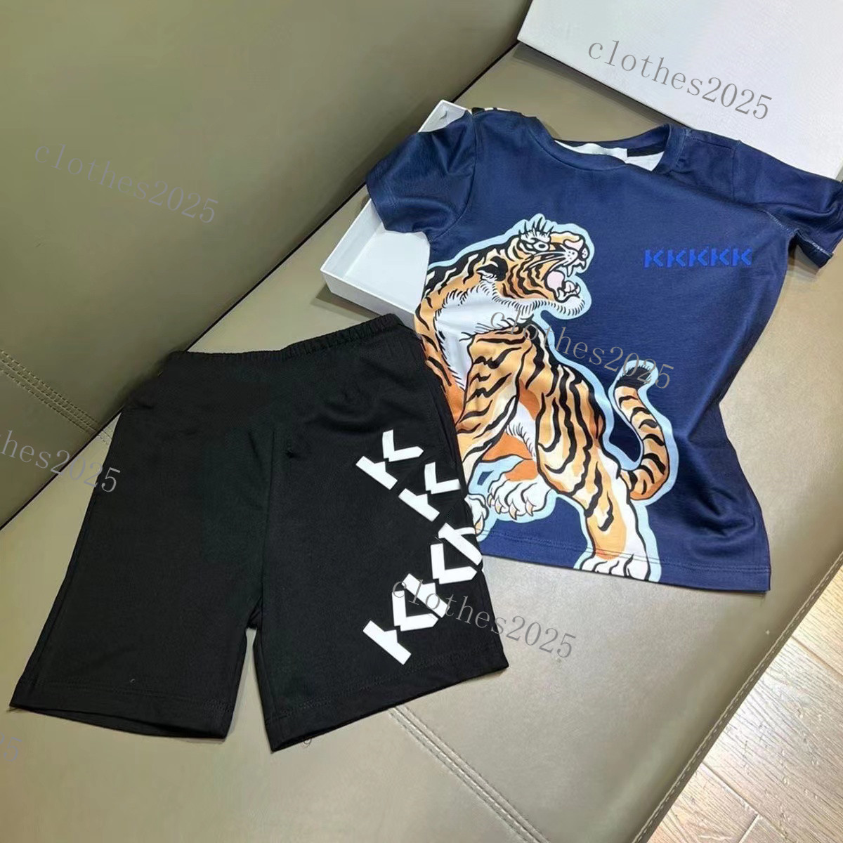 

Kids set kid Designer Sets for baby Short Sleeve T-shirt With Tigers Print Shorts Set Suit Brand Boys Clothing Cotton 90-160 White Blue 2023 New style, 1#