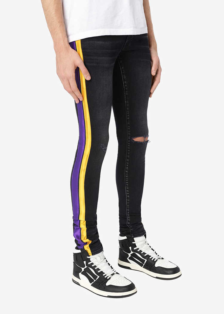 

Designer Clothing Luxury Casual Fashion Denim Pants Amiiri Colorful Ribbon Single Knee Broken High Street Fashion Brand Slim Fit Small Foot Tight Fashion Men's Jeans, Blue