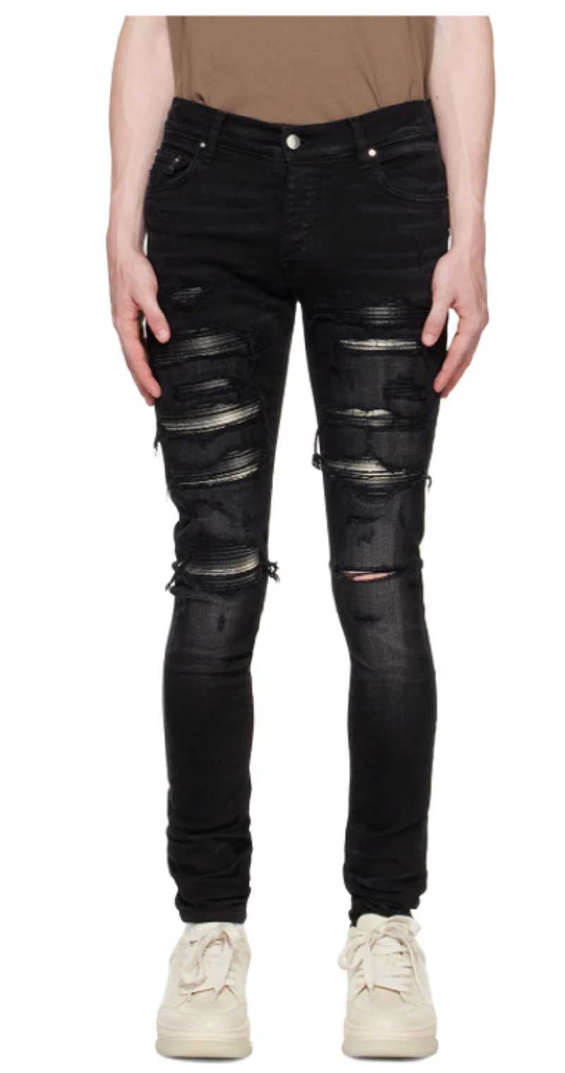 

Designer Clothing Luxury Casual Fashion Denim Pants High Street Amiiri Patchwork Gray White Patch with Holes Elastic Slim Fitting Small Foot Black Jeans for Men