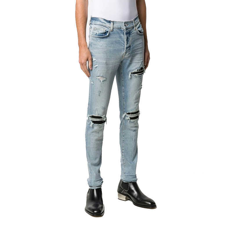 

Designer Clothing Luxury Casual Fashion Denim Pants Amiiri High Street 20fw Mx1 Amiiri Light Blue Panel Leather Patch Hole Slp Men's Jeans Pants
