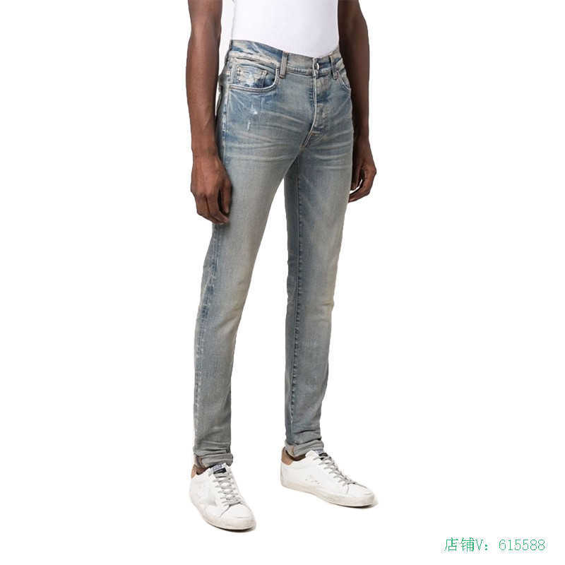 

Designer Clothing Luxury Casual Fashion Denim Pants Amiiri Trend Brand Yellow Mud Dirty Cashew Flower Hole Coating Worn Slim Jeans Men Women, Light blue