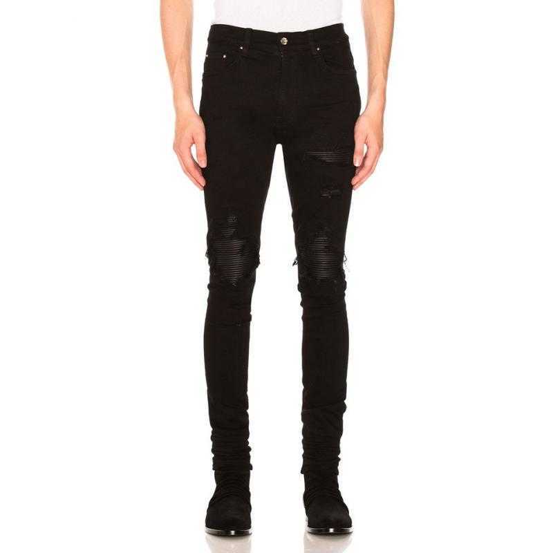 

Designer Clothing Luxury Casual Fashion Denim Pants Amiiri High Street Slp Leather Knife Cuts Big HolesSlim Fit Small Leg Jeans Men Distressed Ripped Skinny Motocyc, Black parquet