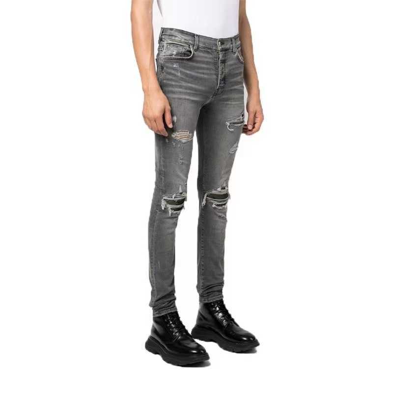 

Designer Clothing Luxury Casual Fashion Denim Pants Amiiri's New Fashion Brand Casual Smoke Grey Perforated Leather Slim Fit High Street Jeans for Men's Fashion Wash, Gray