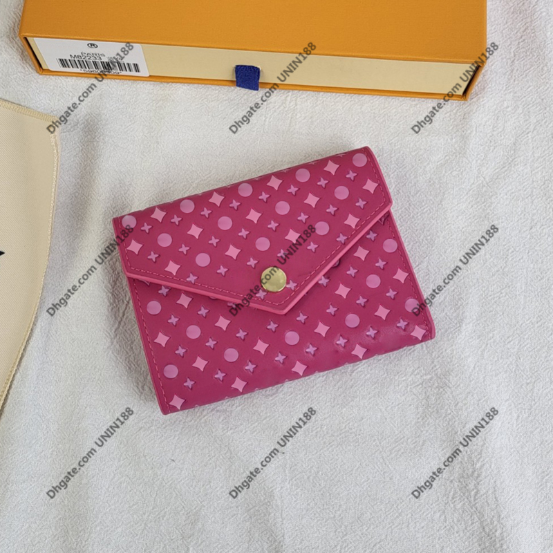 

23SS Womens Short Wallets Luxurys Designers Small Relief of Cowhide Handbag Bag VICTORINE Ladies Travel Wallet Coin Purse With Box, Fuchsia