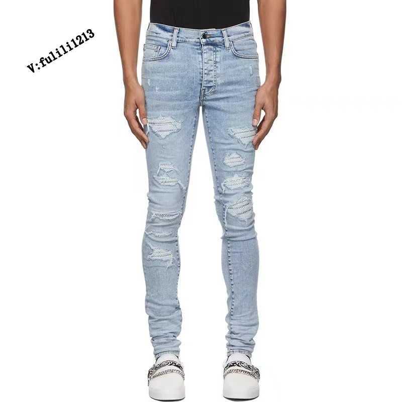 

Designer Clothing Luxury Casual Fashion Denim Pants Amiiri New Simple Blue White Diamond Damaged Hole Casual Slim Fit Slp Jeans for Men Distressed Ripped Skinny Moto