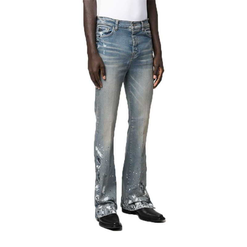 

Designer Clothing Luxury Casual Fashion Denim Pants High Street Trendy Brand Amiiri Blue Distressed Washed Splashed Ink Elastic Micro Horn Jeans for Men