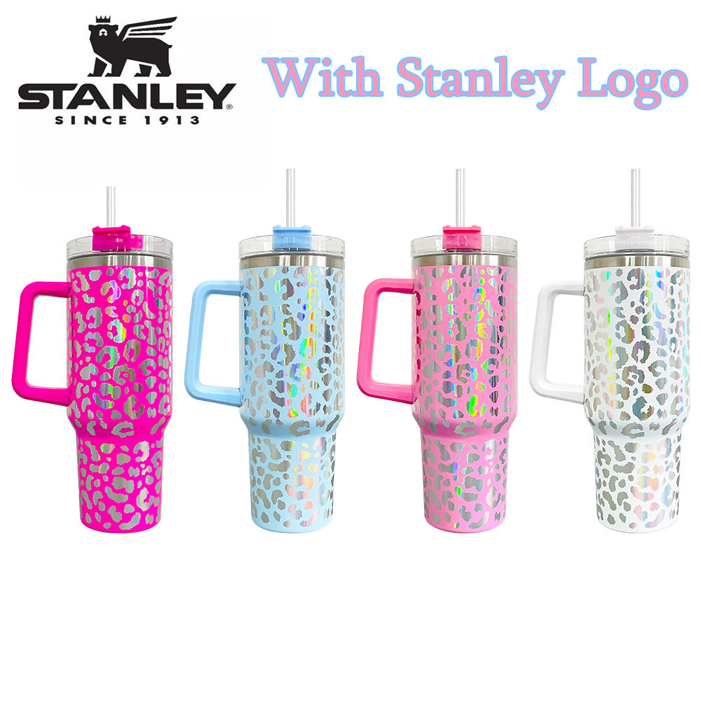 

With Stanley Logo leopard Quencher Coffee Mug Cup with Lid and Straw outdoor camping cup shinny leopard 40oz stainless steel mugs, Multi-color