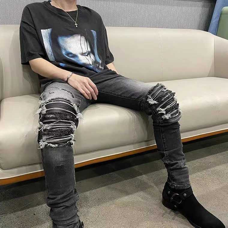 

Designer Clothing Luxury Casual Fashion Denim Pants Amiiri High Street Mx2 Knees Are Worn Out Skin Stitching Holes Leather Is Worn Out Washed Grey Slim Fit Jeans Mens P, Gray